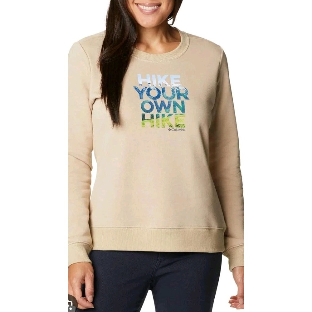 Columbia Women's Beige Graphic Crew Neck Fleece Sweatshirt Size Medium Gorpcore